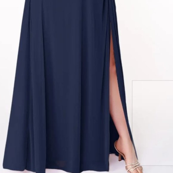 AZAZIE BROOKE A-Line One Shoulder Mesh Floor-Length Dress Dark Navy - Picture 3 of 13